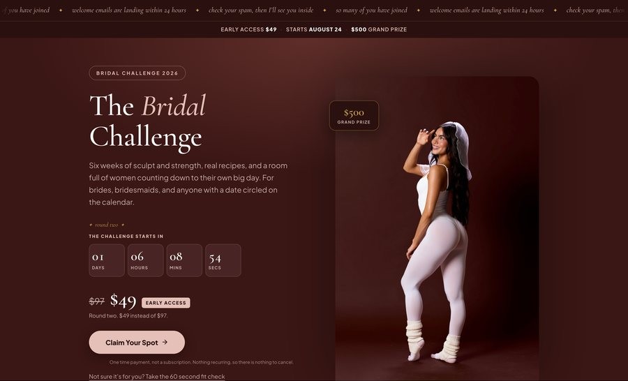 The Bridal Challenge page with a countdown and a Claim Your Spot button