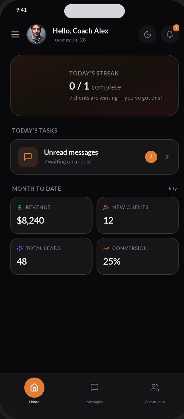 Coach app home with today's streak, tasks and month to date numbers