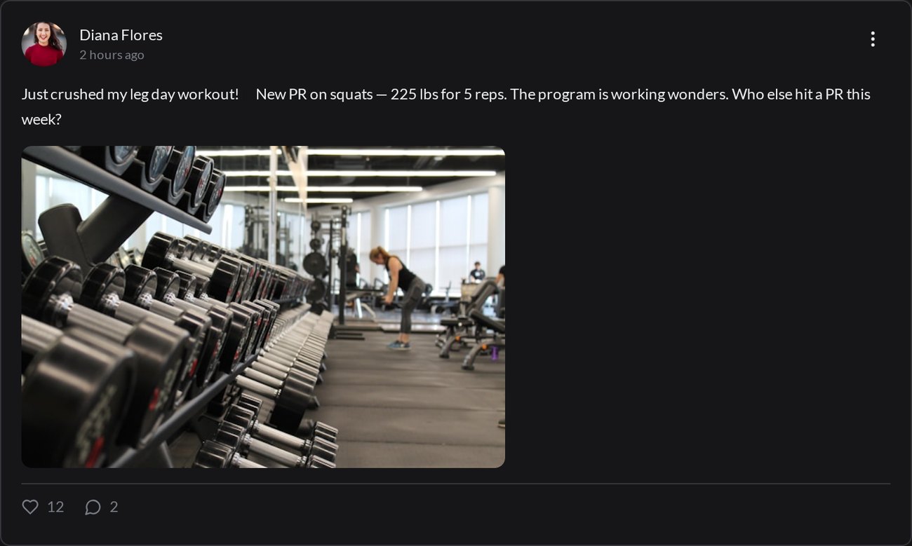 Community post in a NOWFit group app showing a gym photo