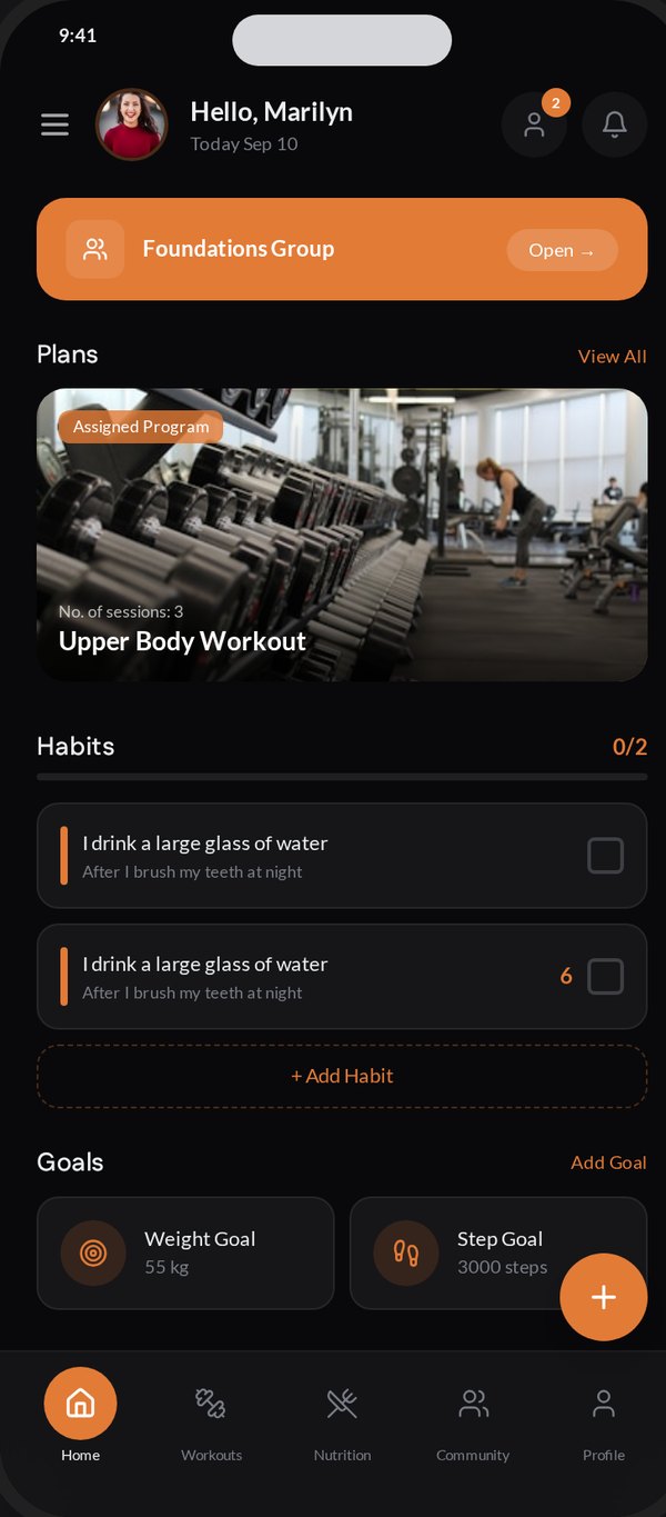 NOWFit group app home screen with the Foundations Group banner, today's plan and habits