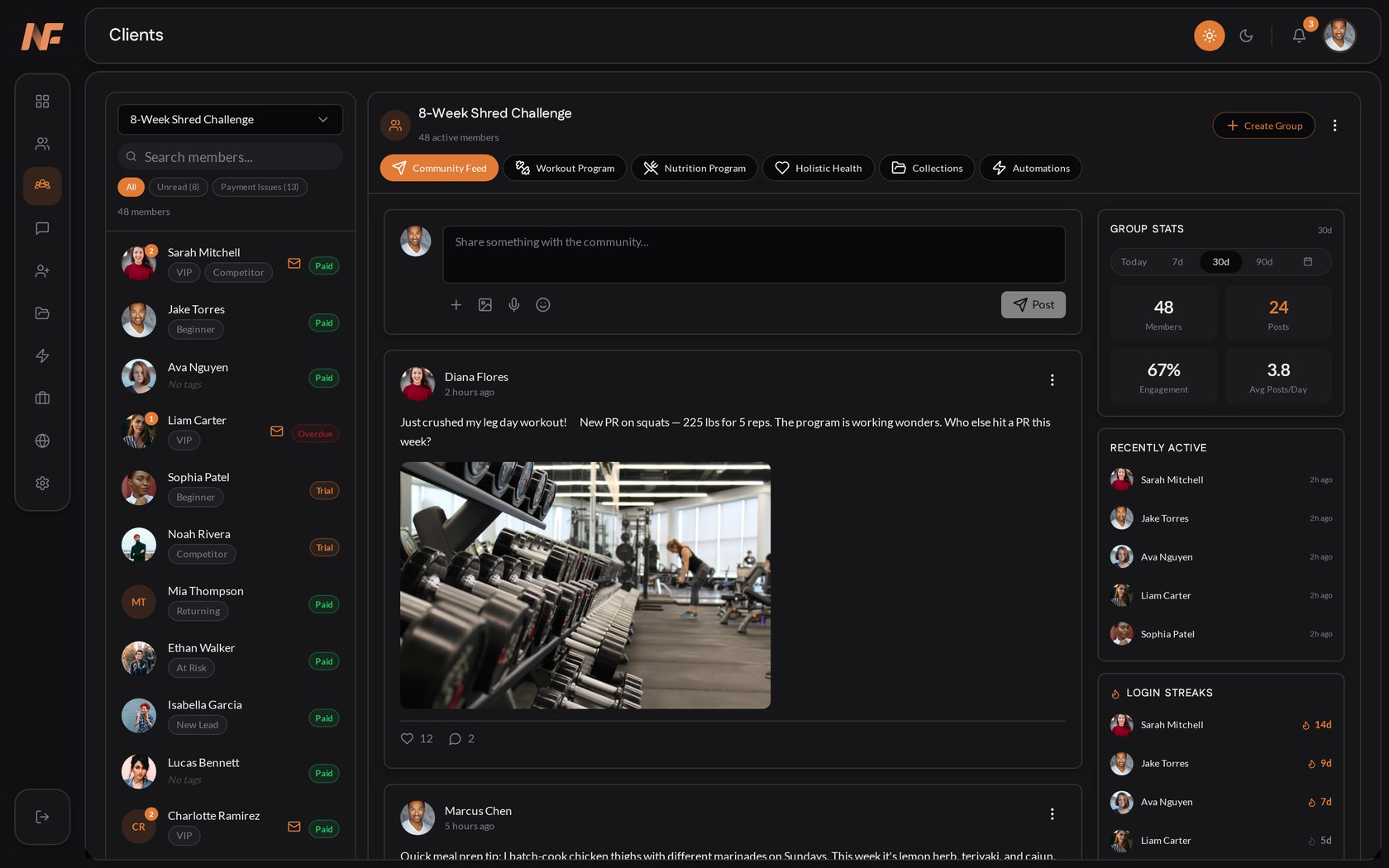 The NOWFit group screen with members, feed and stats